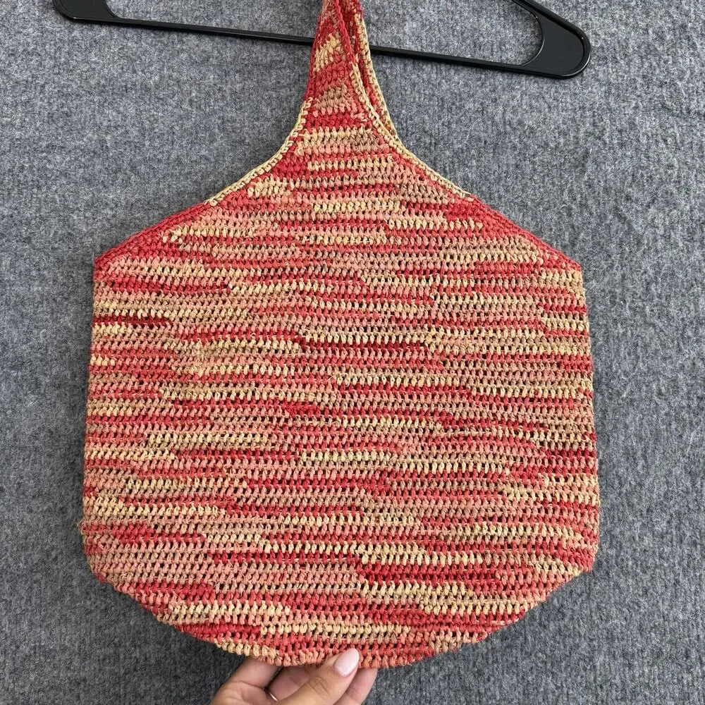 Helen Kaminski Raffia Shoulder Tote Bag Red Striped Crochet Market Minimalist